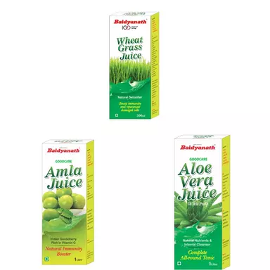 Baidyanath Wheatgrass Juice - Natural, Herbal Detoxifier - 500ml & Amla Juice - Rich In Vitamin C And Natural Immunity Booster & Aloe Vera Juice With Pulp - An All-Round Tonic For Skin And Hair - 1l