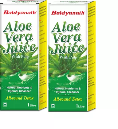 Baidyanath 99.6% Pure Aloe Vera Juice (With Pulp)- No Added Sugar | Source Of Natural Nutrients, Boosts Immunity & Digestion, Rejuvenates Skin And Hair | For Complete All-Around Detox | 1 L(Pack Of 2)