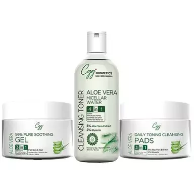 CGG Cosmetics Aloe Vera Facial Kit - Soothing Gel, Daily Cleansing Pads, Micellar Water For Face & Neck, All Skin Types, Vegan & Fragrance Free, 350 g...More