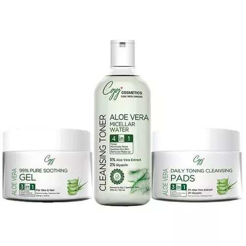 CGG Cosmetics Aloe Vera Facial Kit - Soothing Gel, Daily Cleansing Pads, Micellar Water For Face & Neck, All Skin Types, Vegan & Fragrance Free, 350 g...More