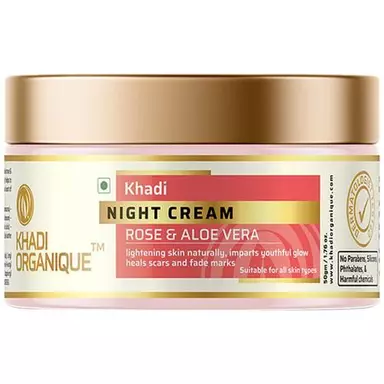 Khadi Organique Night Face Cream - Rose, Aloe Vera, Lighten Skin Naturally, Heals Scar, Fade Marks, 50 g
