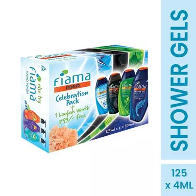 Fiama Men Celebration Pack - With 4 Unique Shower Gels For Refreshed Skin, 500 ml (4 N x 125 ml) (Get Free Loofah)