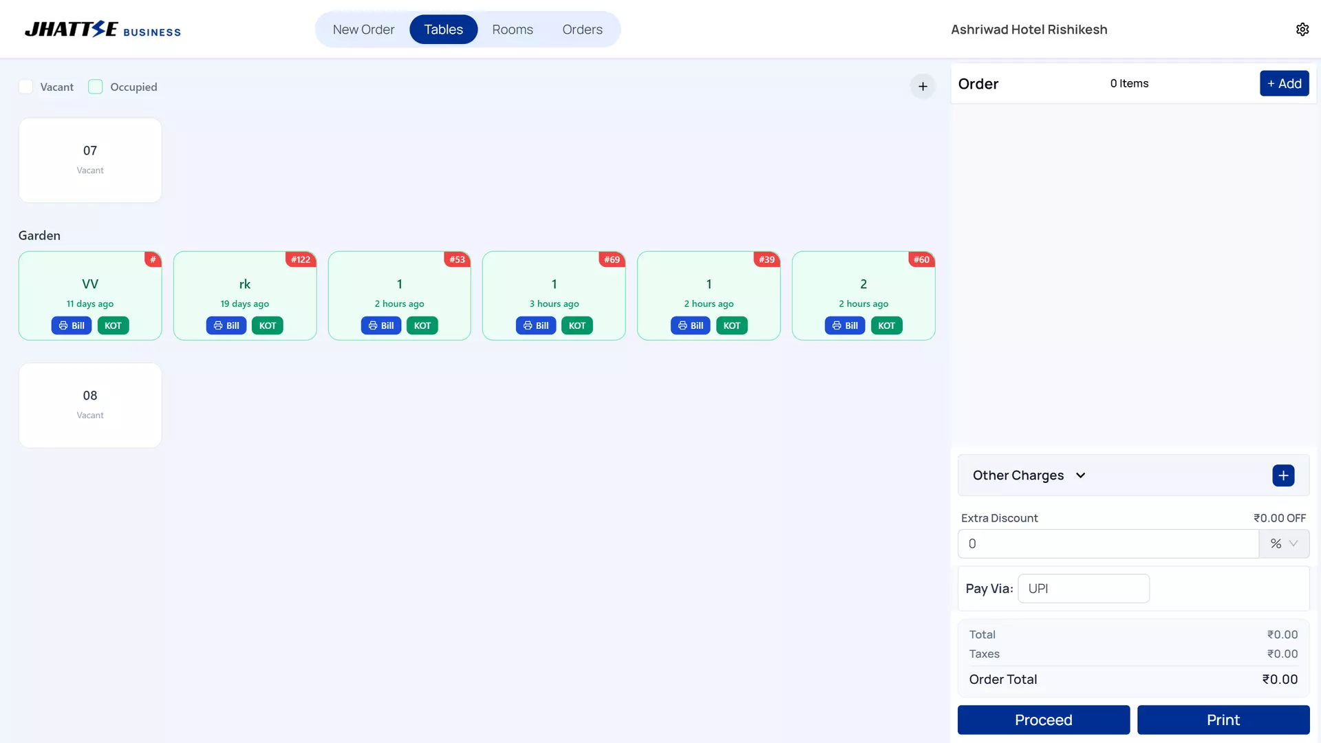 Table management with vacant and occupied status, running orders, and one-click Bill and KOT printing.
