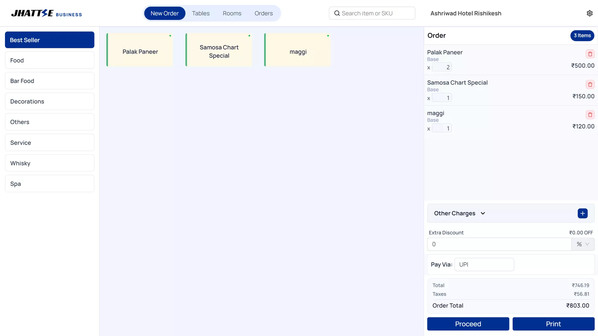 Restaurant POS with menu categories, live order cart, taxes, discounts and UPI payment in one billing screen.