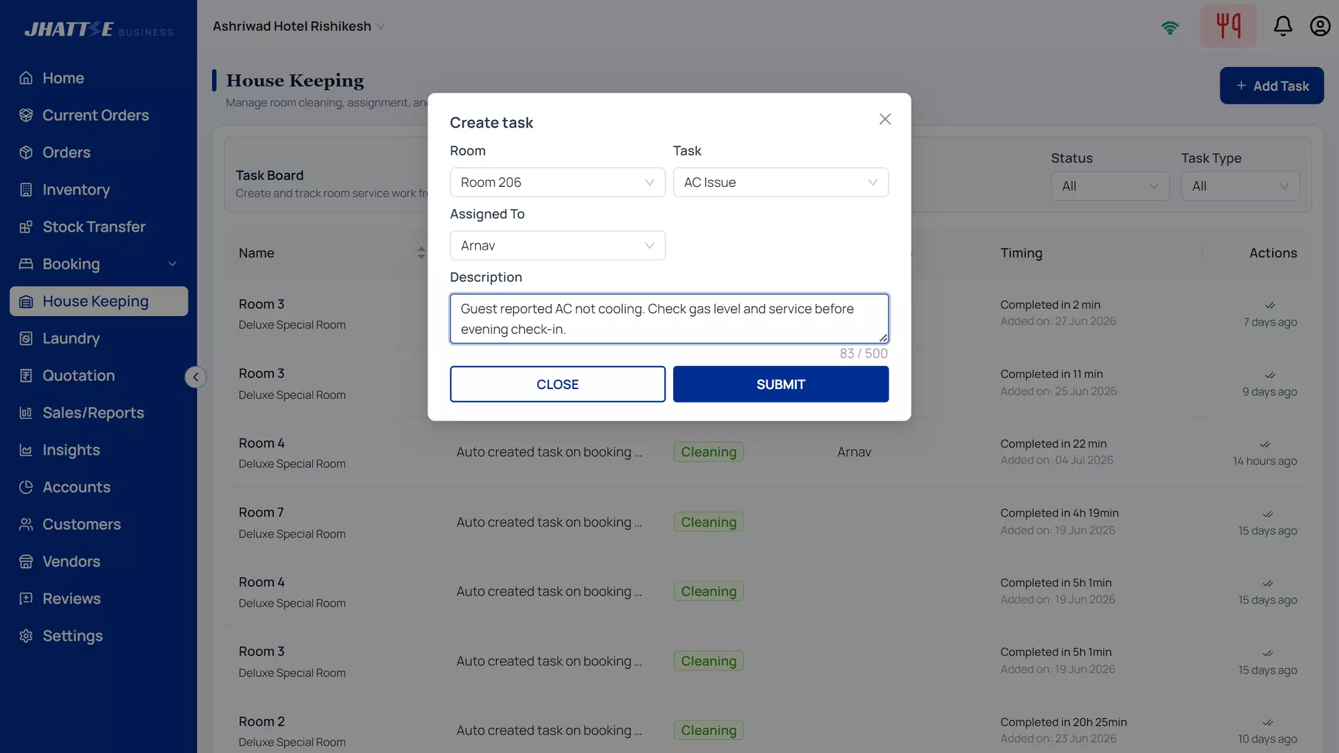 Create housekeeping task with room, task type and staff assignment in a few clicks.