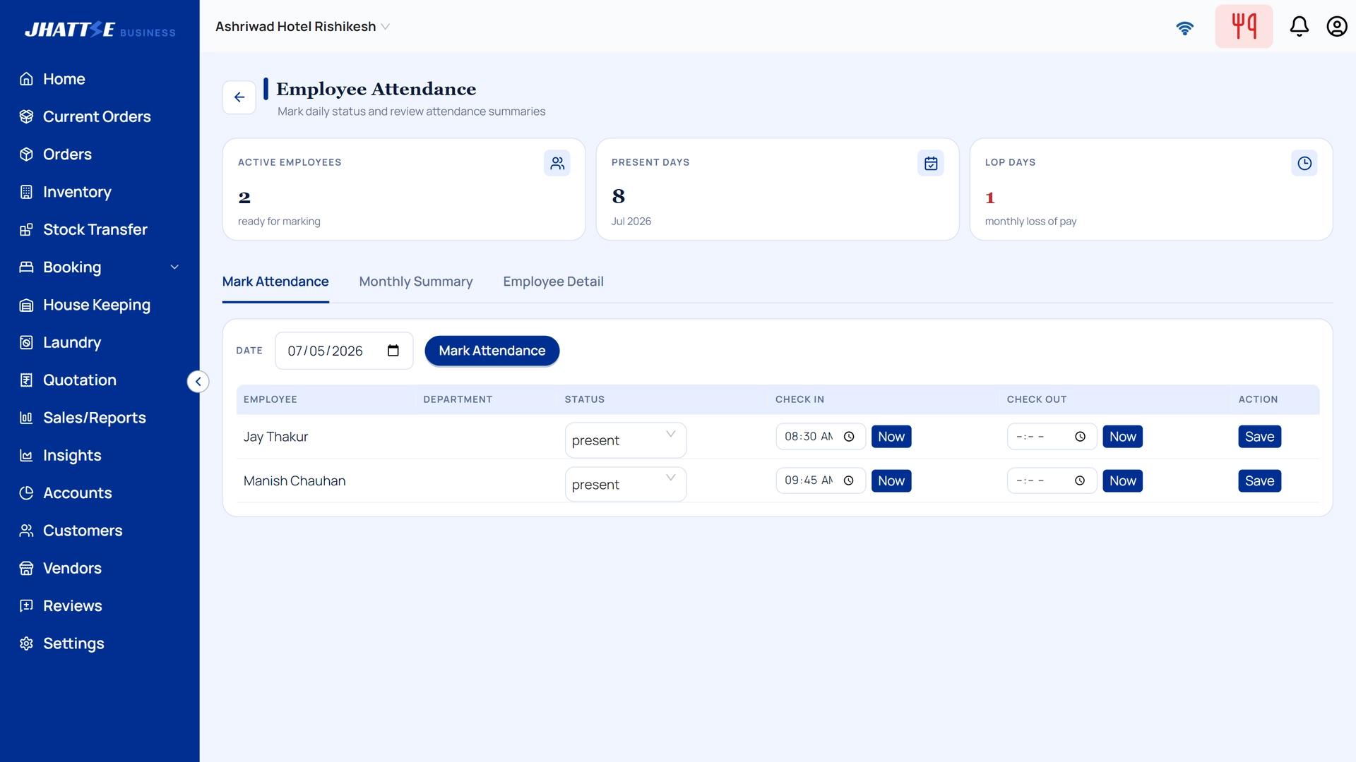 Staff attendance and payroll for hotels