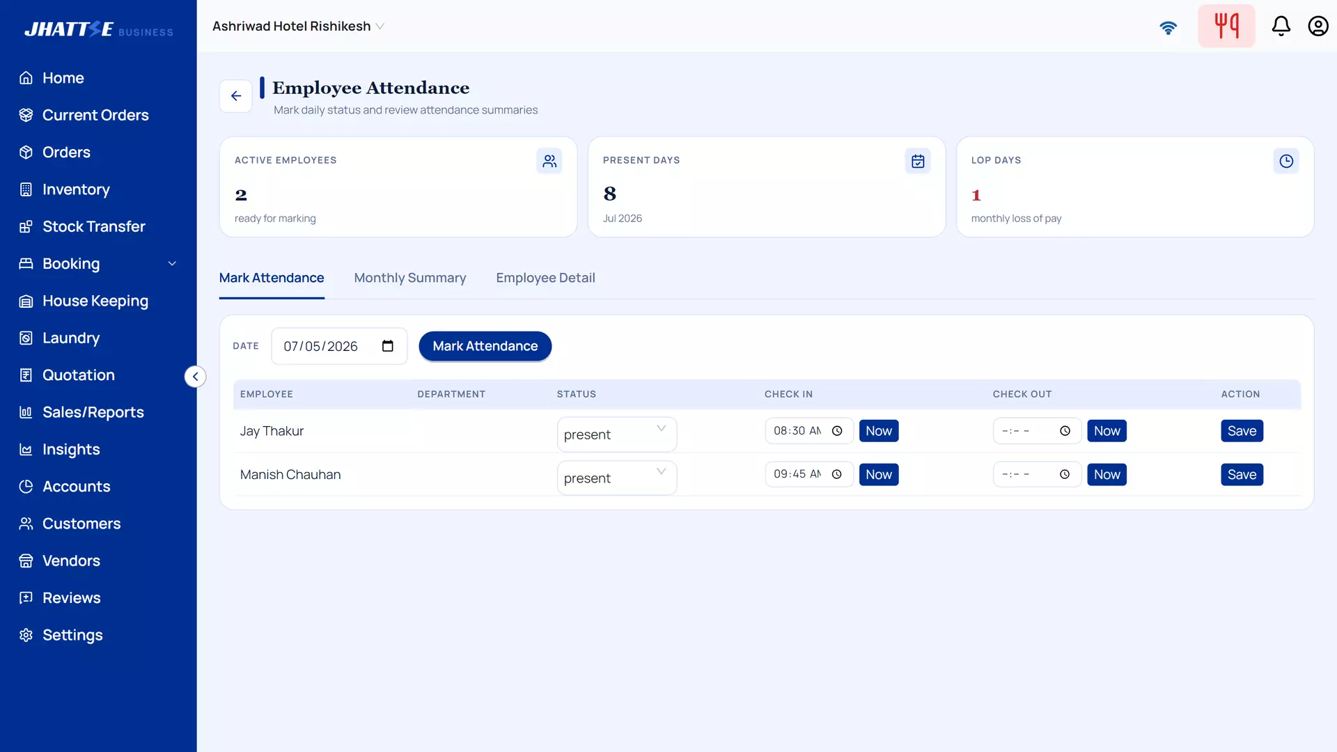 Staff attendance marking with check-in and check-out times, daily status and loss-of-pay tracking for payroll.
