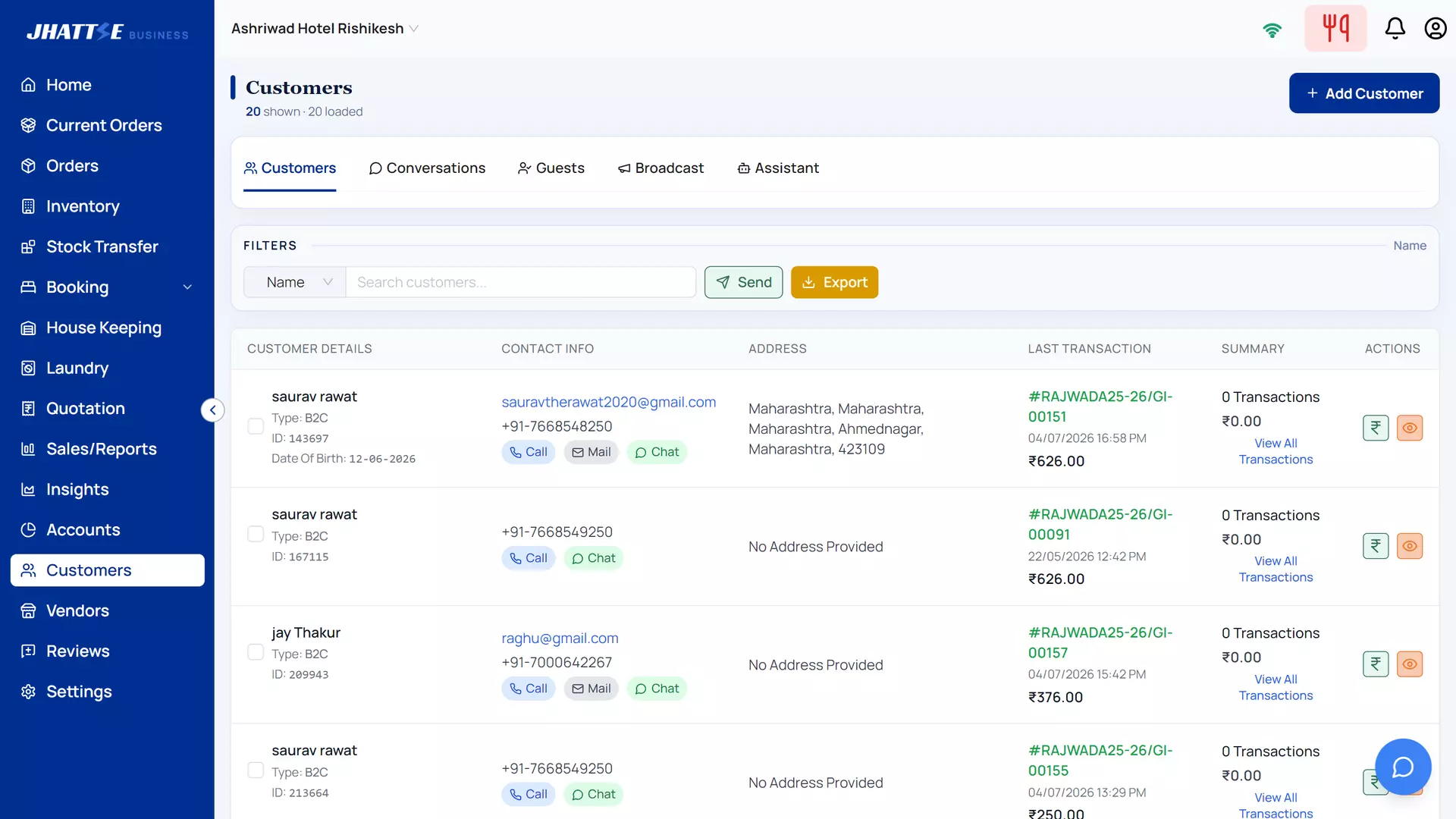 Customer CRM with contact details, call, mail and chat actions, transaction history, broadcast and guest management.