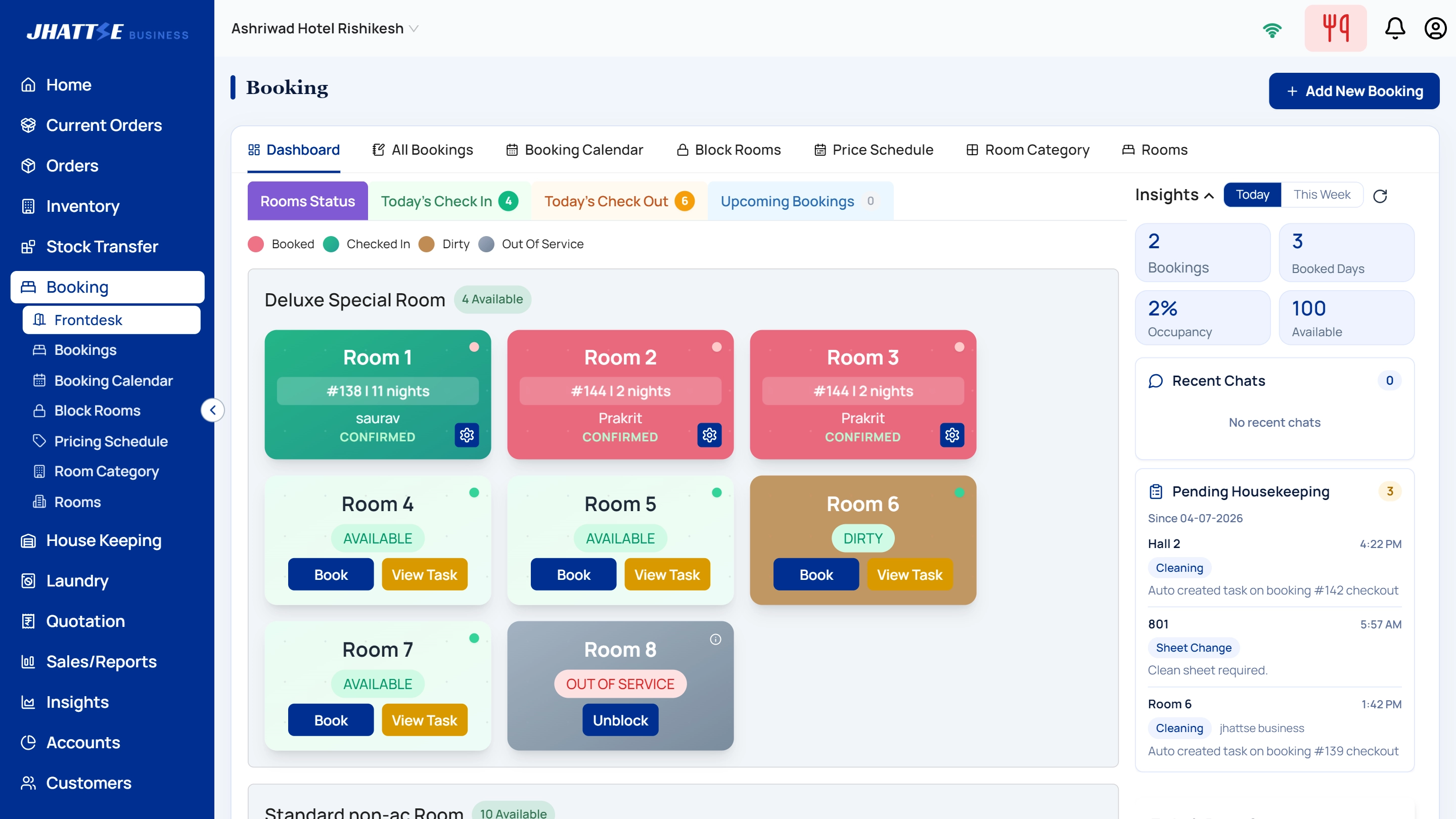 Property management system front desk dashboard